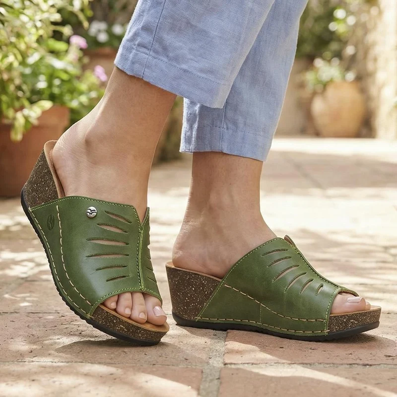 Fly Flot Wedge Heeled Mule Sandals - FLY37057 / 323 225 - Green