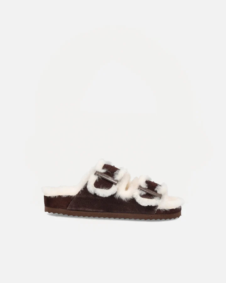 FURRY SANDAL REAL SHEEPSKIN | Chocolate