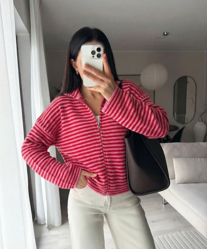 Zip Strickjacke Helena Streifen Rot Pink
