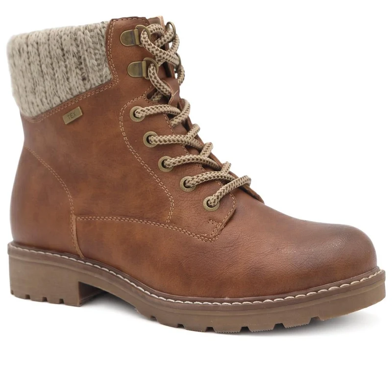 Knitted Cuff Lace Up Ankle Boots - SHINN44001 / 329 988 - Brown