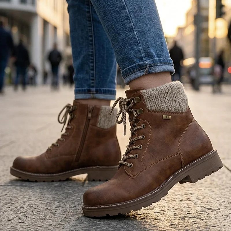 Knitted Cuff Lace Up Ankle Boots - SHINN44001 / 329 988 - Brown