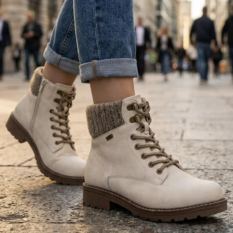 Knitted Cuff Lace Up Ankle Boots - SHINN44001 / 329 988 - Off White