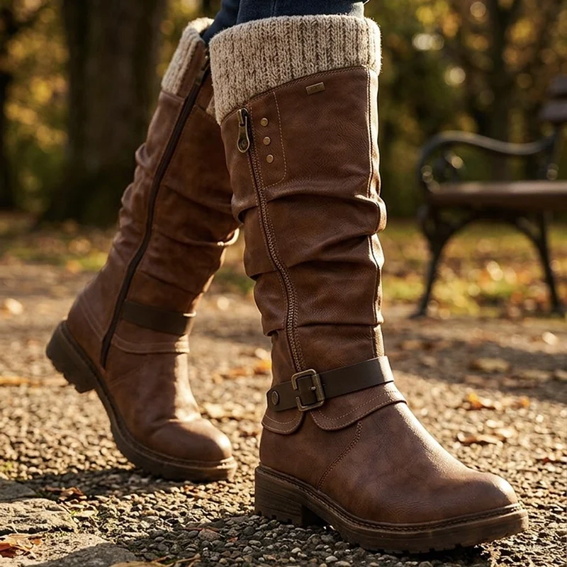 Wide Fit Wide Calf Knitted Cuff Boots - SHINN44003 / 330 073 - Tan