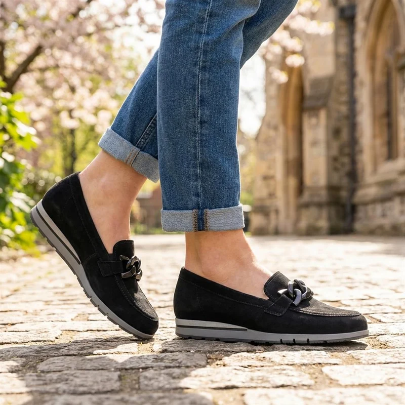 Gabor Wide Fit Leather Wedge Heel Moccasins - GAB42019 / 329 522 - Black