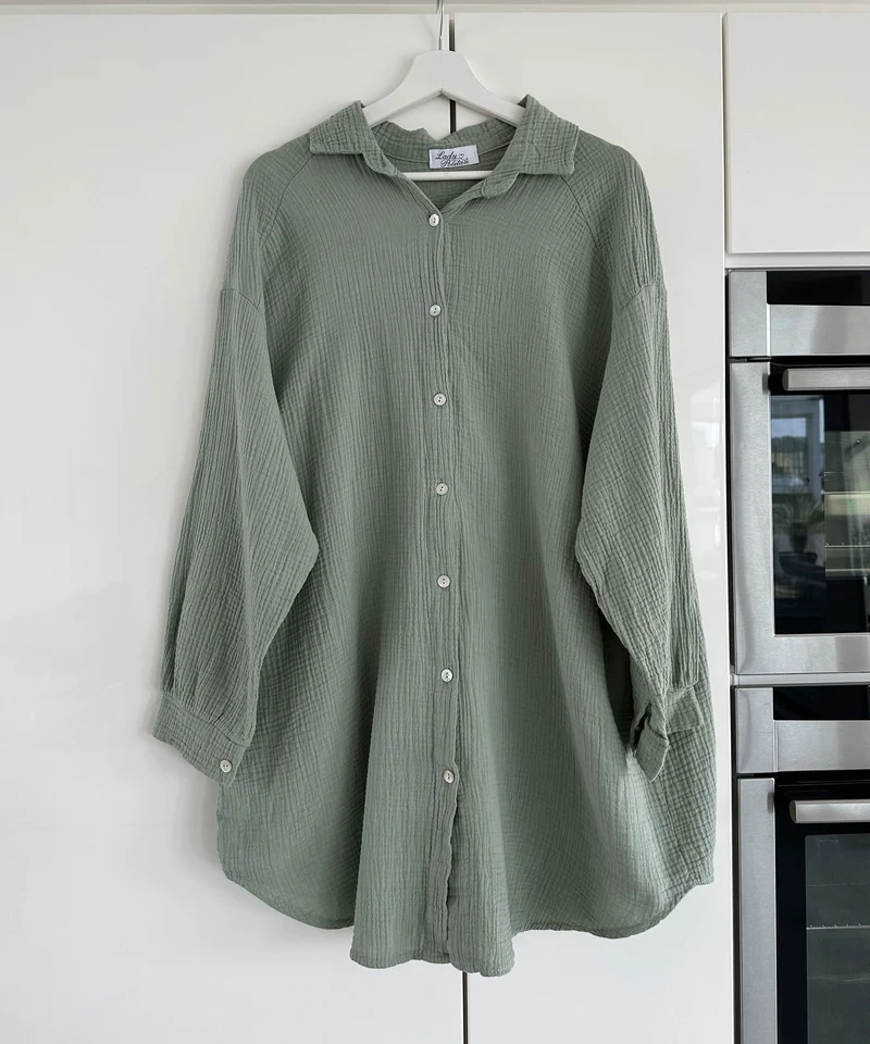 Ultra Oversize Musselin Bluse Glitzer Auge Khaki