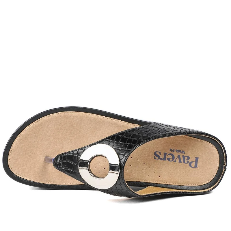 Wide Fit Toe Post Wedge Sandals - BAIZH43063 / 329 466 - Black Croc