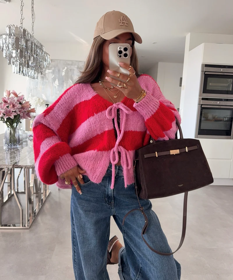 Cardigan Schleife Fia Streifen Rot Pink