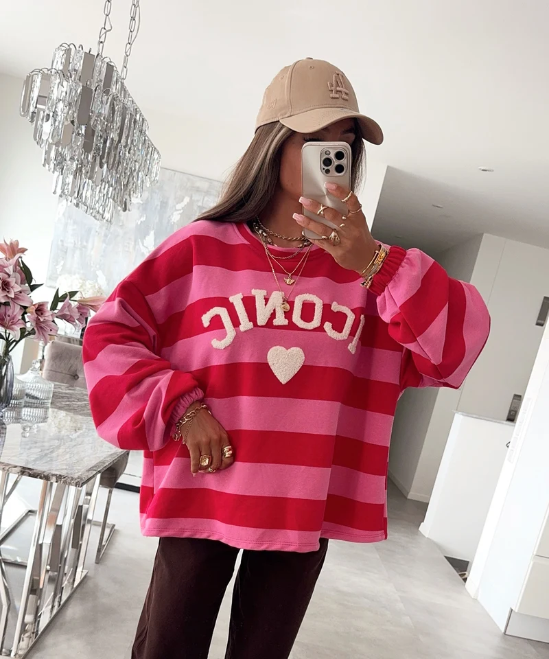 Streifen Pullover Iconic Rot Pink
