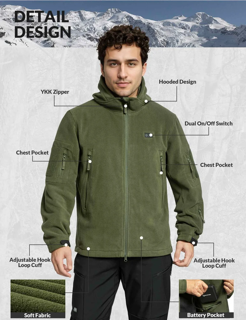 ANTARCTICA GEAR Fleece Heating Jacket, Fit Zip Hood Winter Jacket For Men