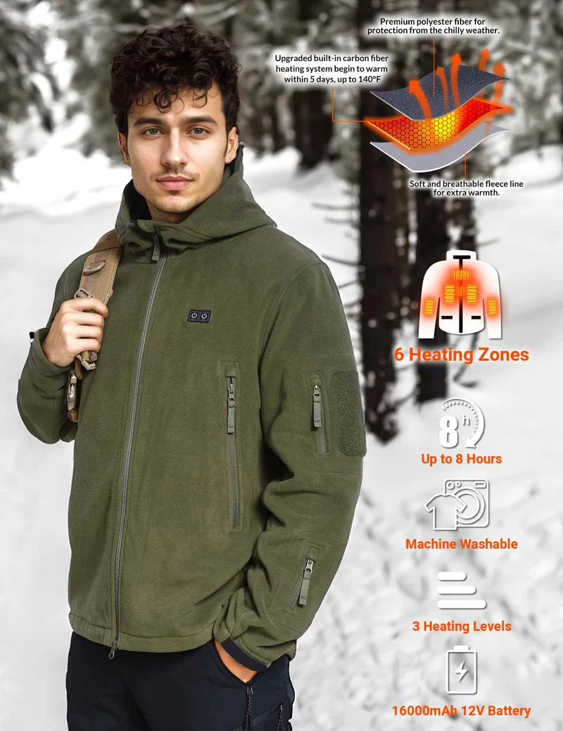 ANTARCTICA GEAR Fleece Heating Jacket, Fit Zip Hood Winter Jacket For Men