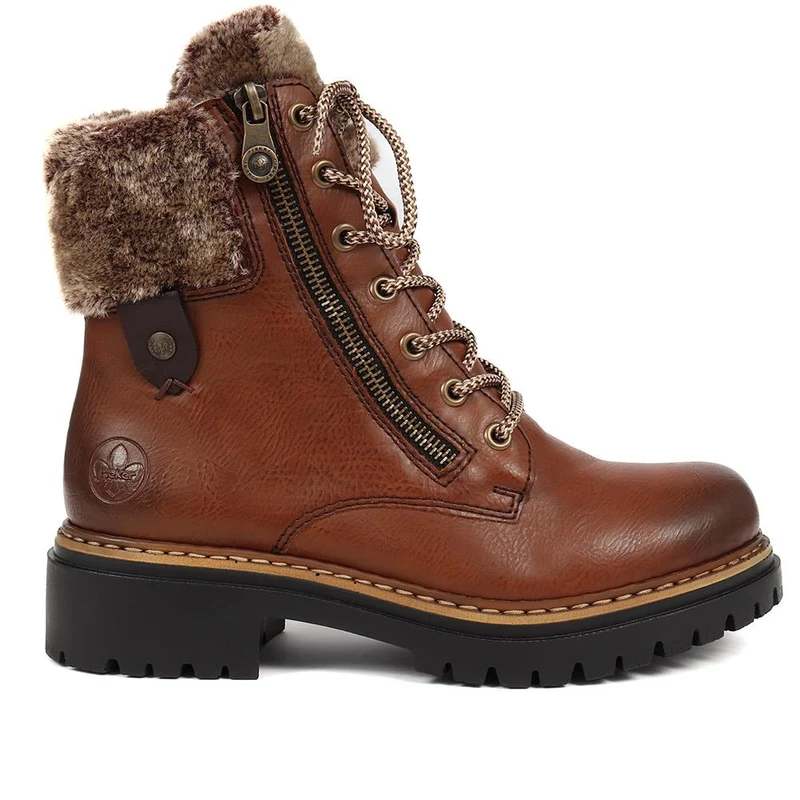 Fleece Trimmed Lace Up Ankle Boots - RKR38521 / 324 345 - Tan