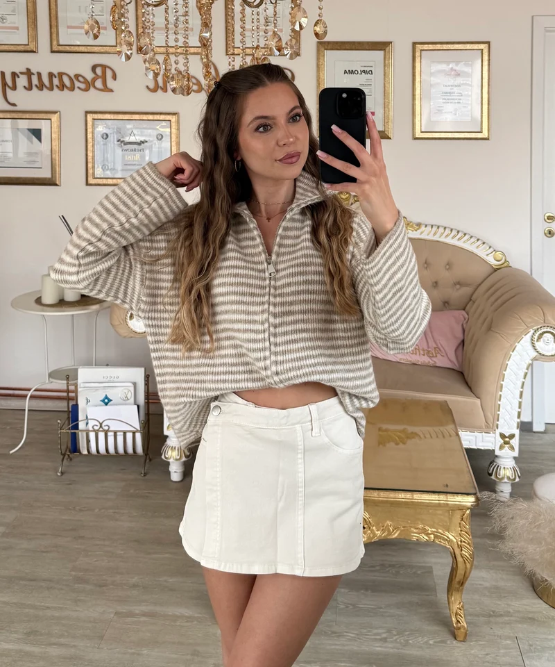 Zip Strickjacke Helena Streifen Taupe