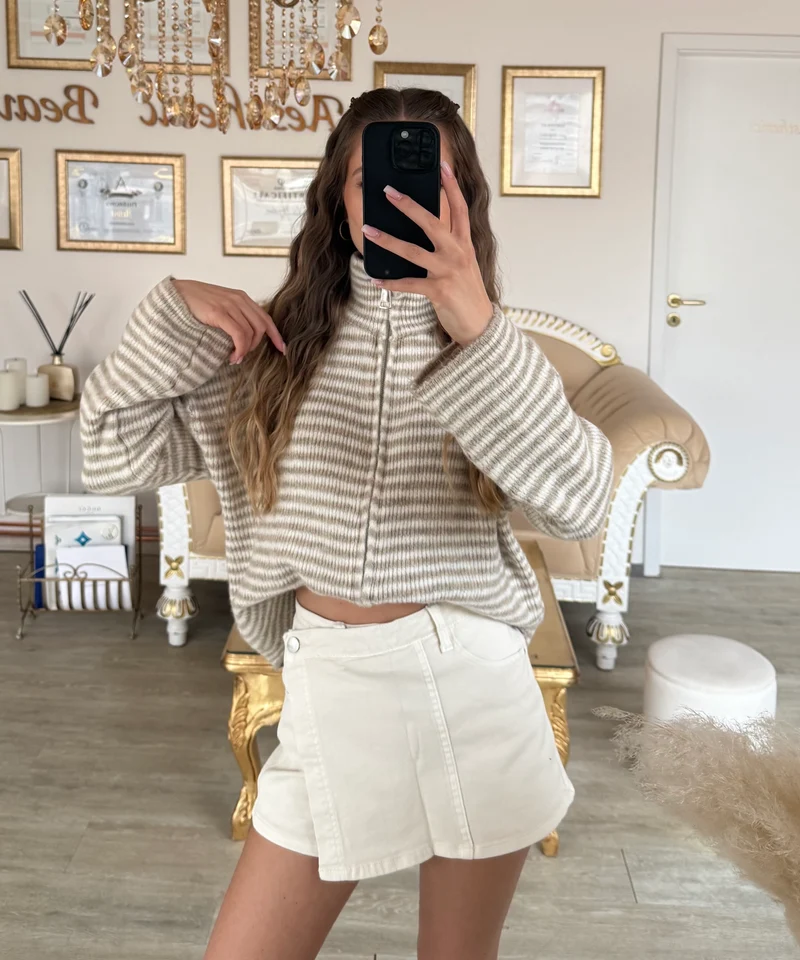 Zip Strickjacke Helena Streifen Taupe