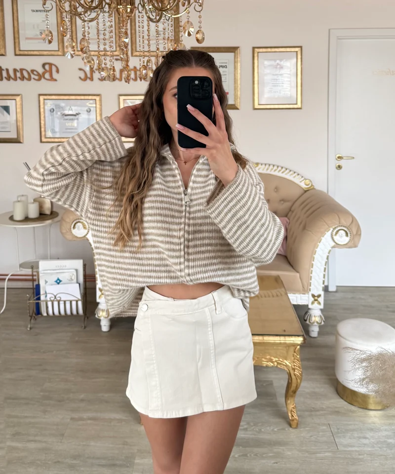 Zip Strickjacke Helena Streifen Taupe
