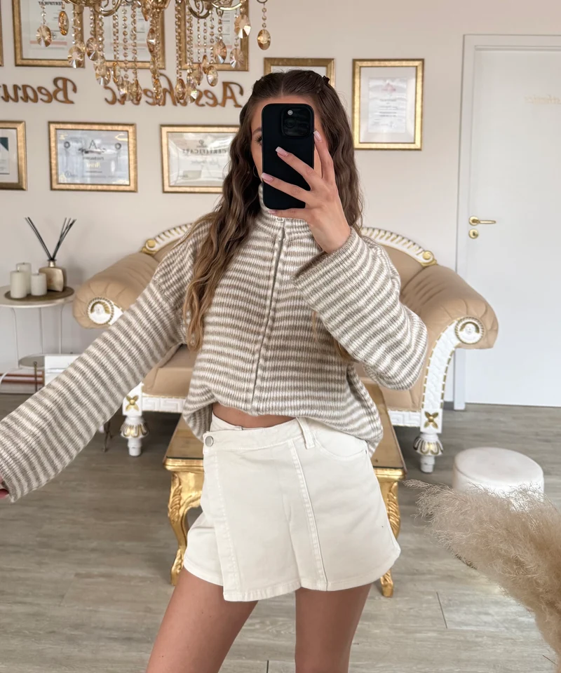 Zip Strickjacke Helena Streifen Taupe