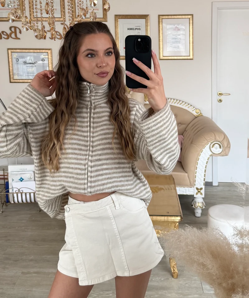 Zip Strickjacke Helena Streifen Taupe