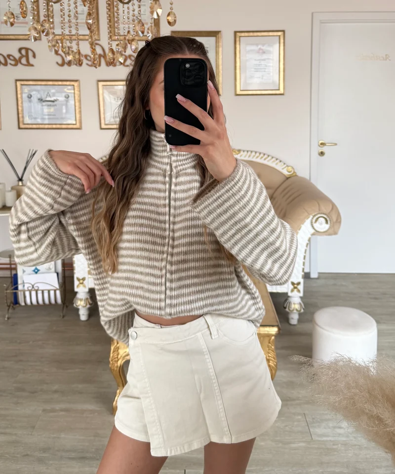 Zip Strickjacke Helena Streifen Taupe