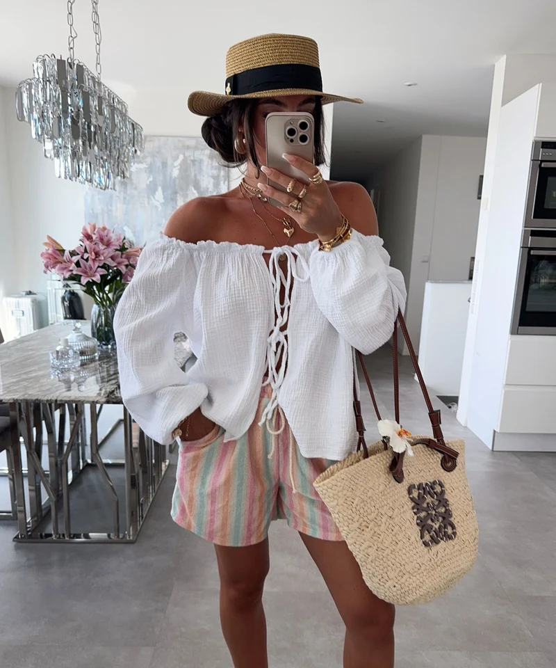 Schulterfreie Musselin Bluse Pita Weiß