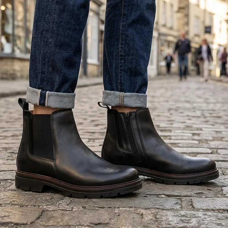 Wide Fit Leather Slip On Boots W/ Inside Zip - FBFOO44001 / 329 737 - Black