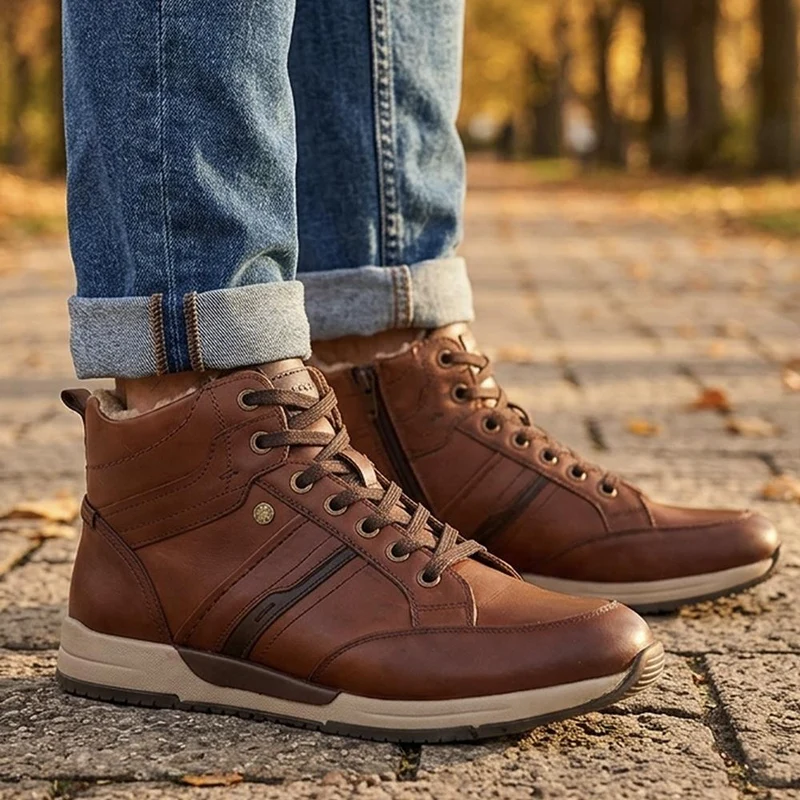 Wide Fit Leather Faux Fur Lined Hi Top Trainers - PARK44008 / 330 214 - Cognac