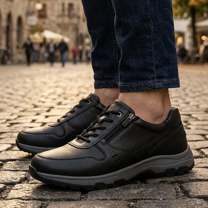 EasyFit Extra Wide Leather Lace Up Trainers - BENJAMIN / 330 157 - Black