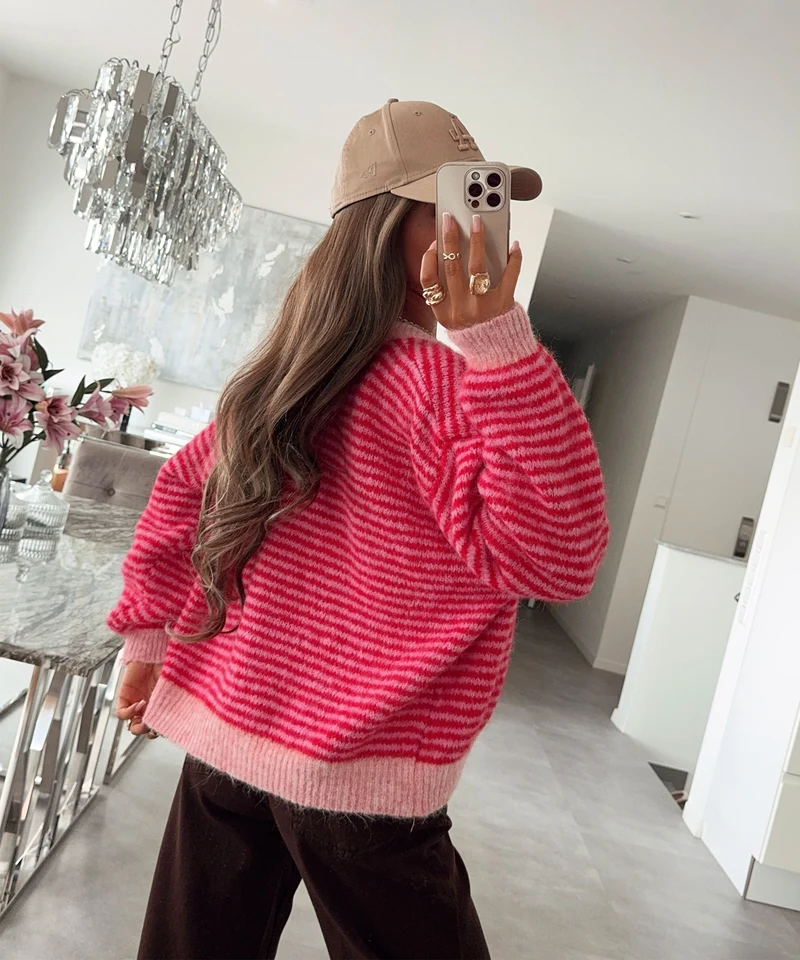 Cardigan Nero Streifen Rot Pink