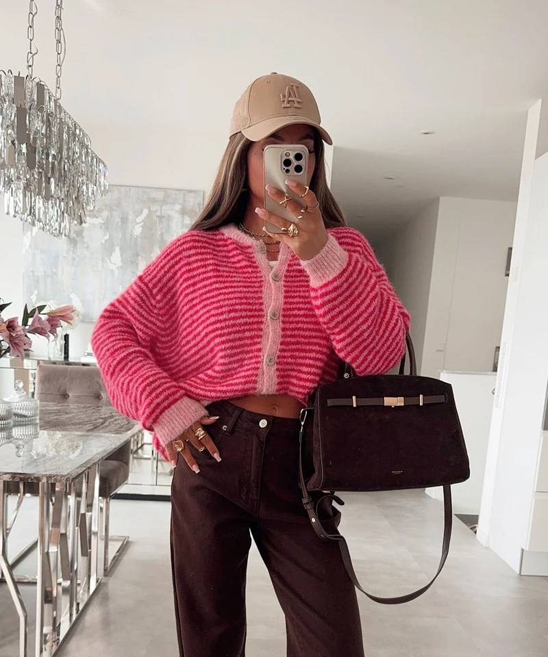 Cardigan Nero Streifen Rot Pink