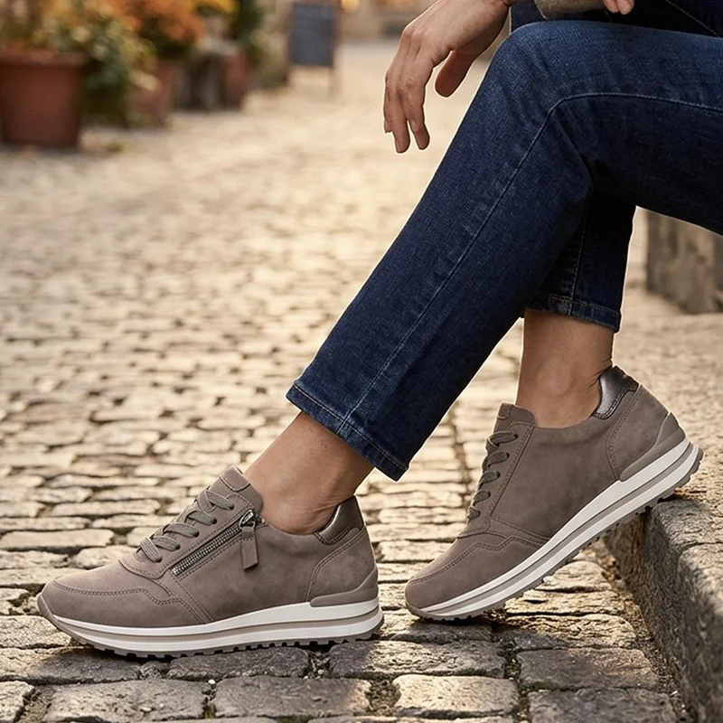 Gabor Wide Fit Leather Wedge Heel Trainers - GABC44065 / 330 674 - Grey