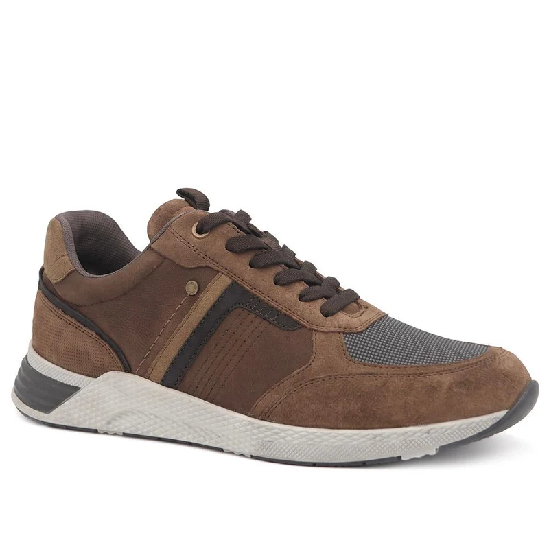 Wide Fit Leather Lace Up Trainers - PARK44003 / 330 208 - Brown