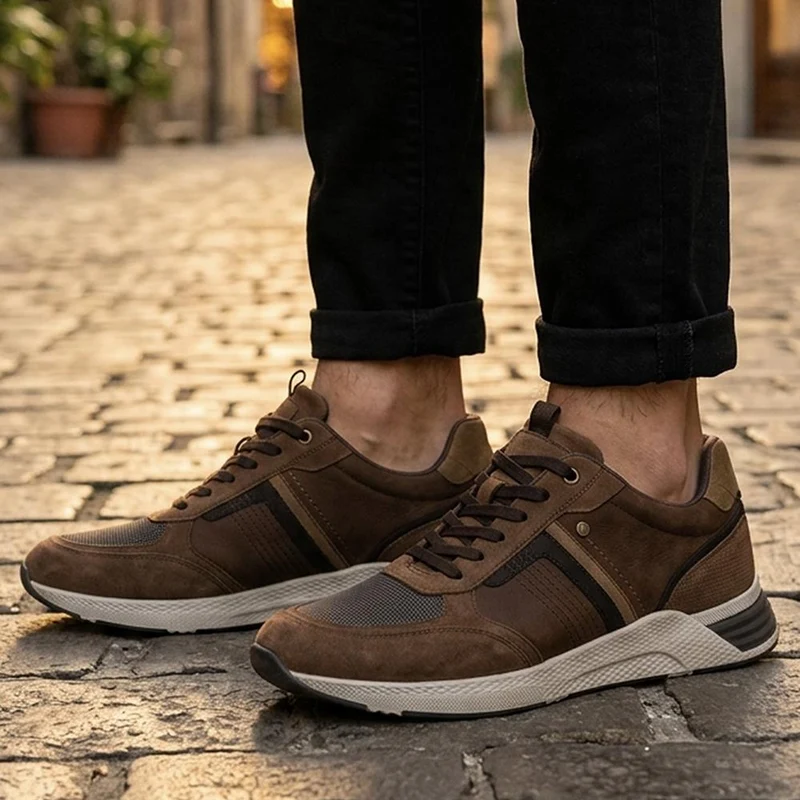 Wide Fit Leather Lace Up Trainers - PARK44003 / 330 208 - Brown