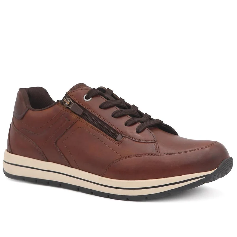 Wide Fit Leather Zip & Lace Cushioned Trainers - PARK44004 / 330 209