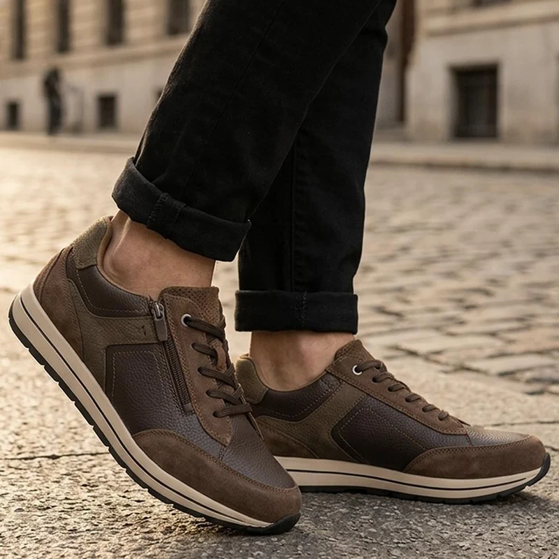 Wide Fit Leather Zip & Lace Cushioned Trainers - PARK44004 / 330 209 - Brown