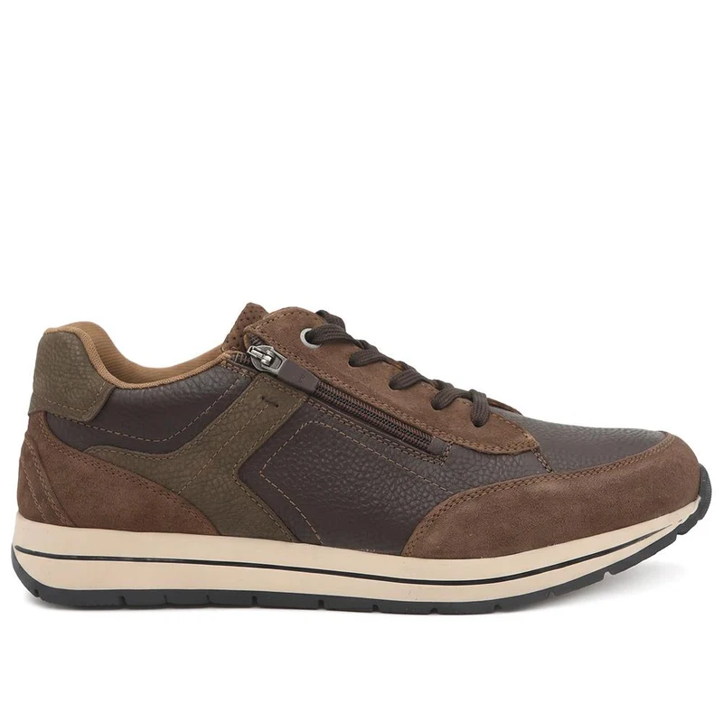 Wide Fit Leather Zip & Lace Cushioned Trainers - PARK44004 / 330 209 - Brown