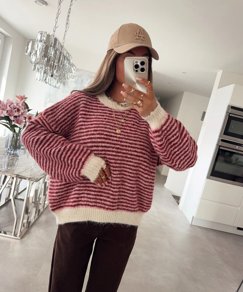 Strickpullover Nero Streifen Weinrot