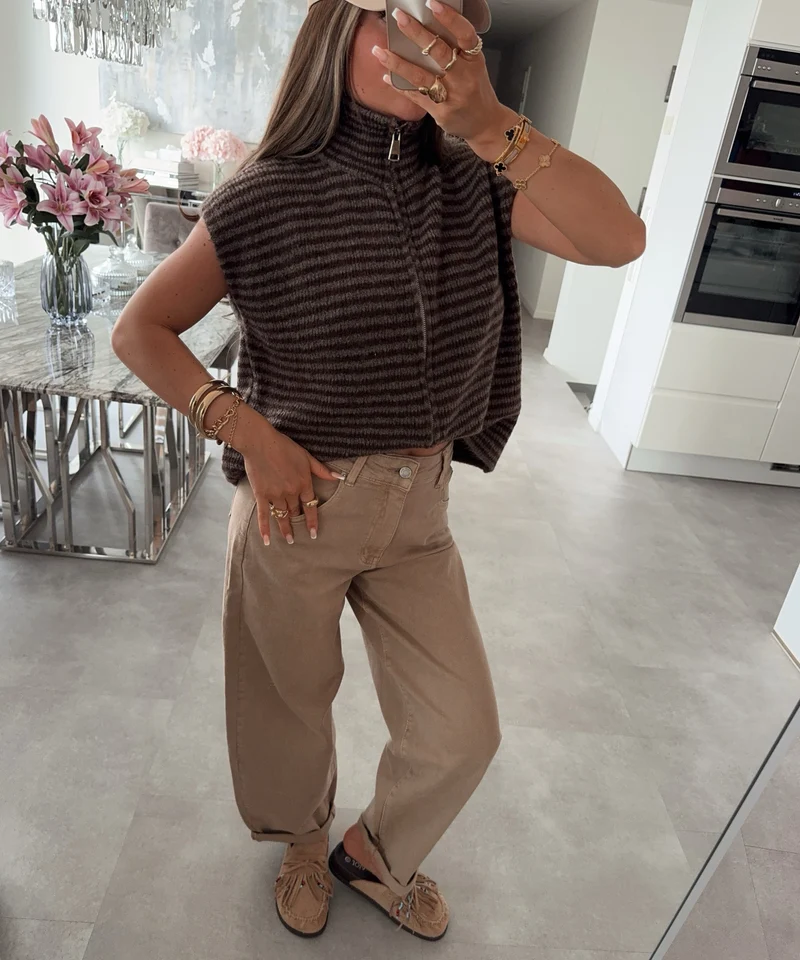 Kurzarm Strickjacke Vania Streifen Braun Taupe