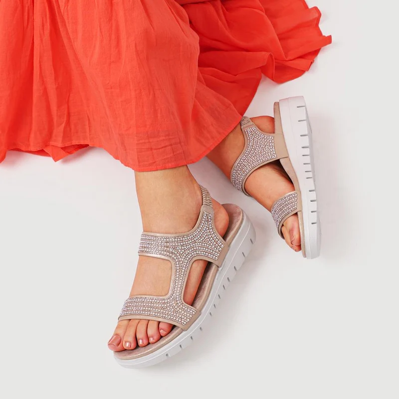 Elasticated Embellished Sandals - BAIZH41002 / 327 189 - Gold