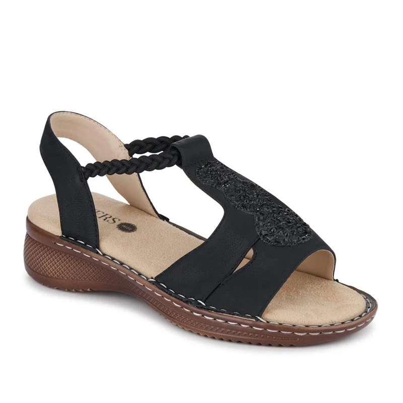 Wide Fit Elasticated Wedge-Heeled Sandals - WBINS41062 / 327 247 - Black