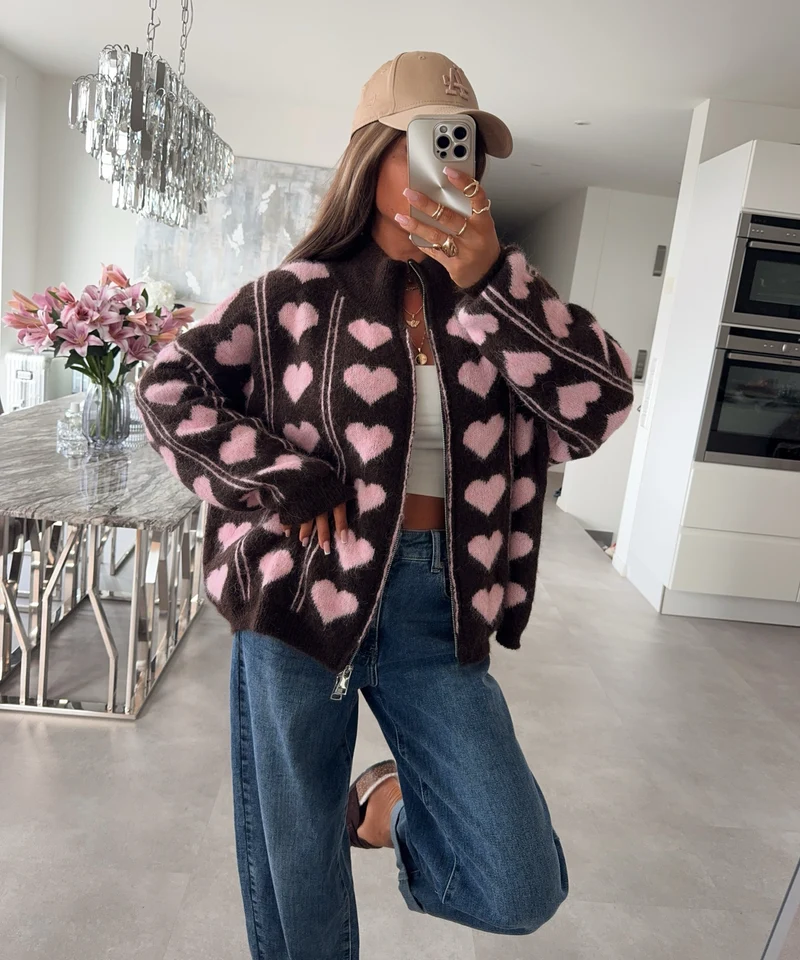 Zip Strickjacke Liviana Herz Braun Rosa