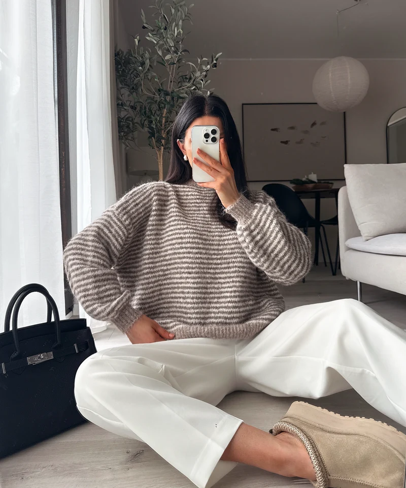 Strickpullover Nero Streifen Taupe