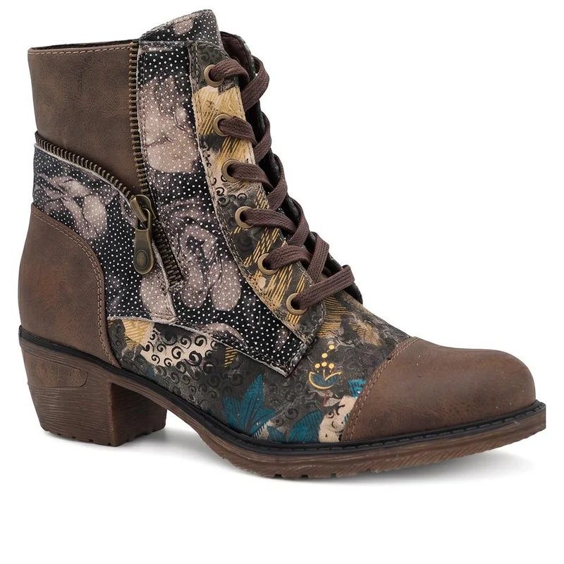 Two Tone Patterned Lace Up Ankle Boots - WBINS44011 / 330 043 - Brown Multi