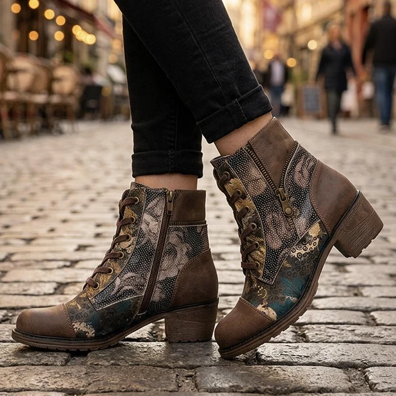Two Tone Patterned Lace Up Ankle Boots - WBINS44011 / 330 043 - Brown Multi