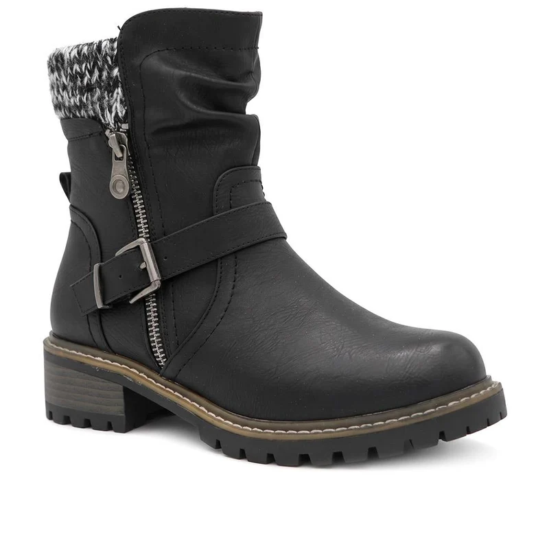 Wide Fit Knitted Cuff Buckled Strap Ankle Boots - LAND44013 / 329 631 - Black