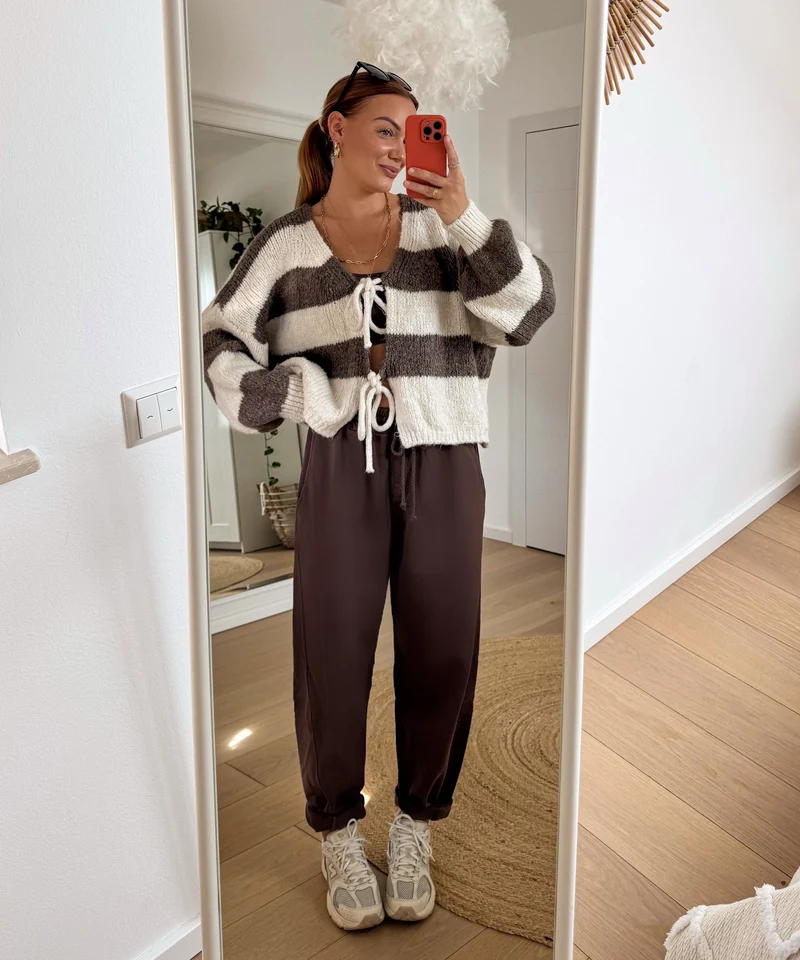 Cardigan Schleife Fia Streifen Beige Braun