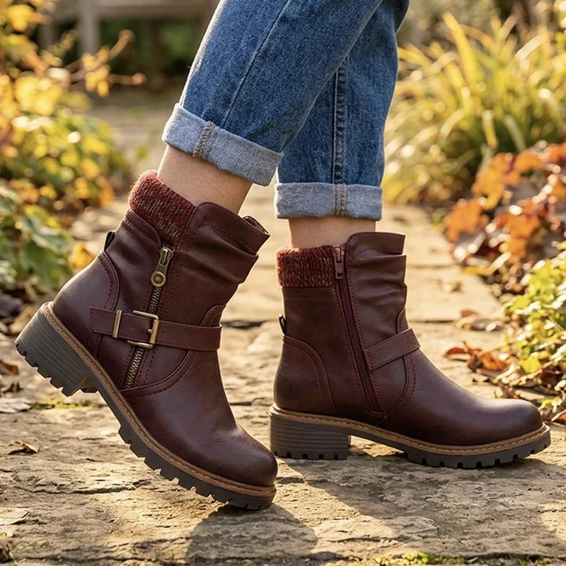 Wide Fit Knitted Cuff Buckled Strap Ankle Boots - LAND44013 / 329 631 - Burgundy
