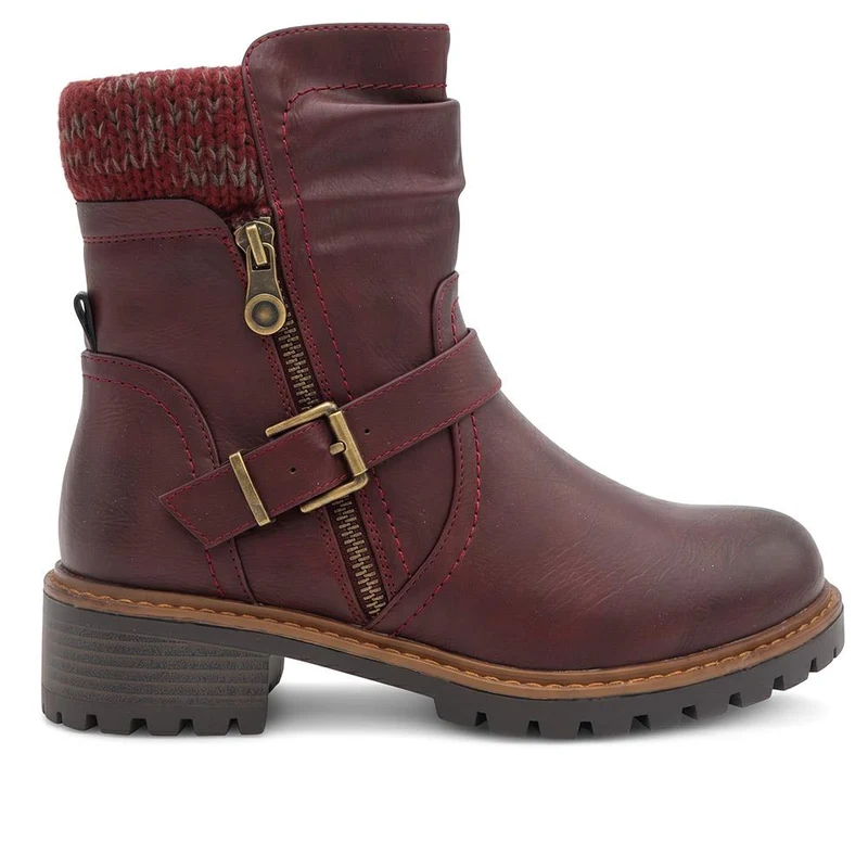 Wide Fit Knitted Cuff Buckled Strap Ankle Boots - LAND44013 / 329 631 - Burgundy