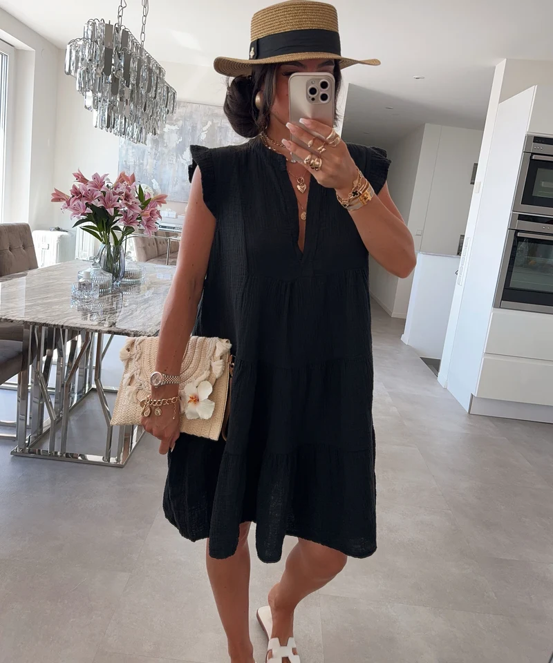 Musselin Kleid Inesa Uni Schwarz