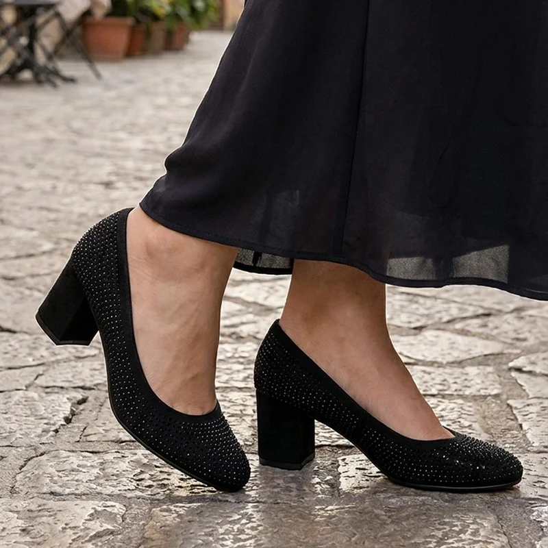 Bellissimo Smart Block Heel Court Shoes - BELWBINS44086 / 329 766 - Black Sparkle