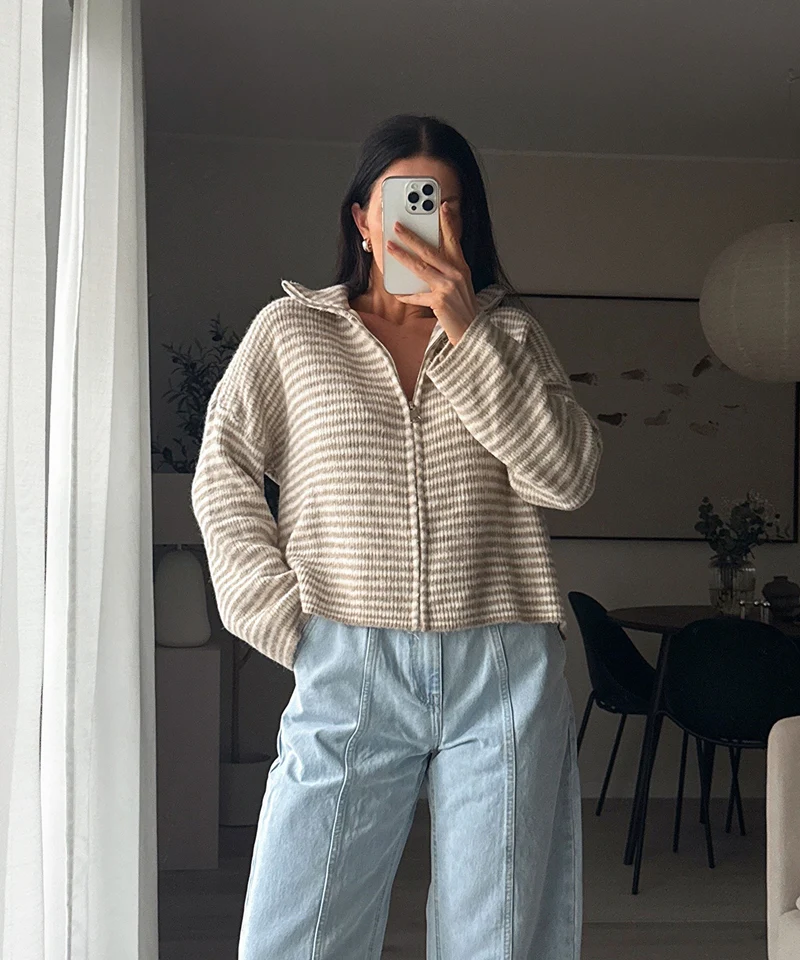 Zip Strickjacke Helena Streifen Taupe