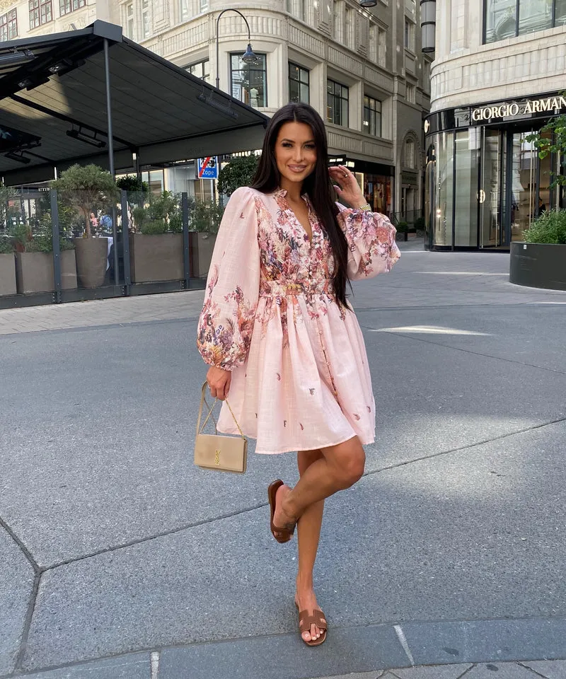 Leinen Baumwoll Kleid Nekia Blume Rosa
