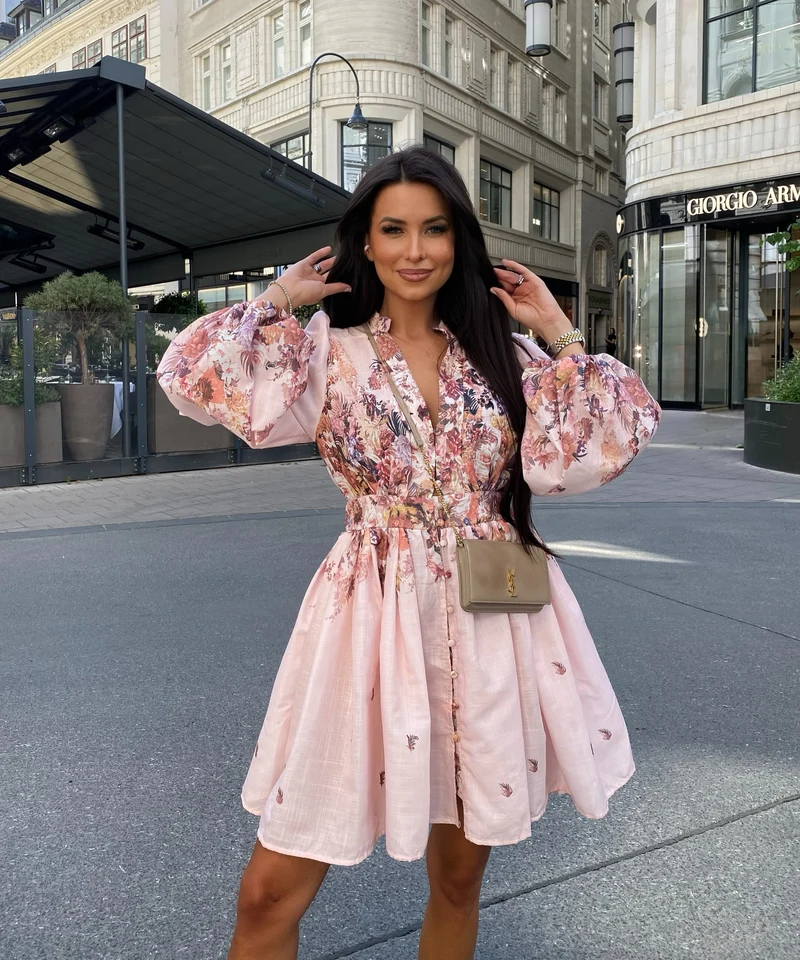 Leinen Baumwoll Kleid Nekia Blume Rosa